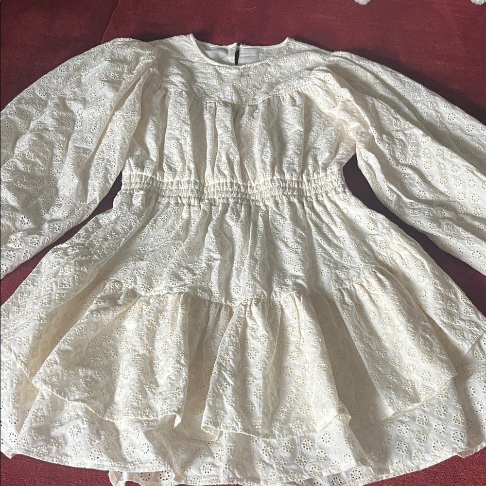 Just Me Ivory Eyelet Mini Dress Balloon Sleeves - Picture 4 of 11